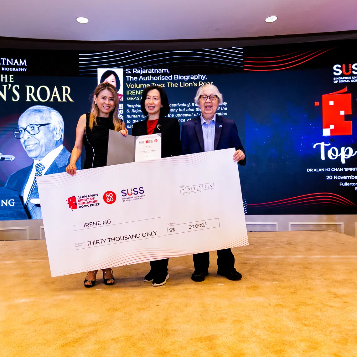 Dr Alan HJ Chan's daughter Ms Judy Chan, author Irene Ng and Professor Tommy Koh at The Fullerton Hotel.