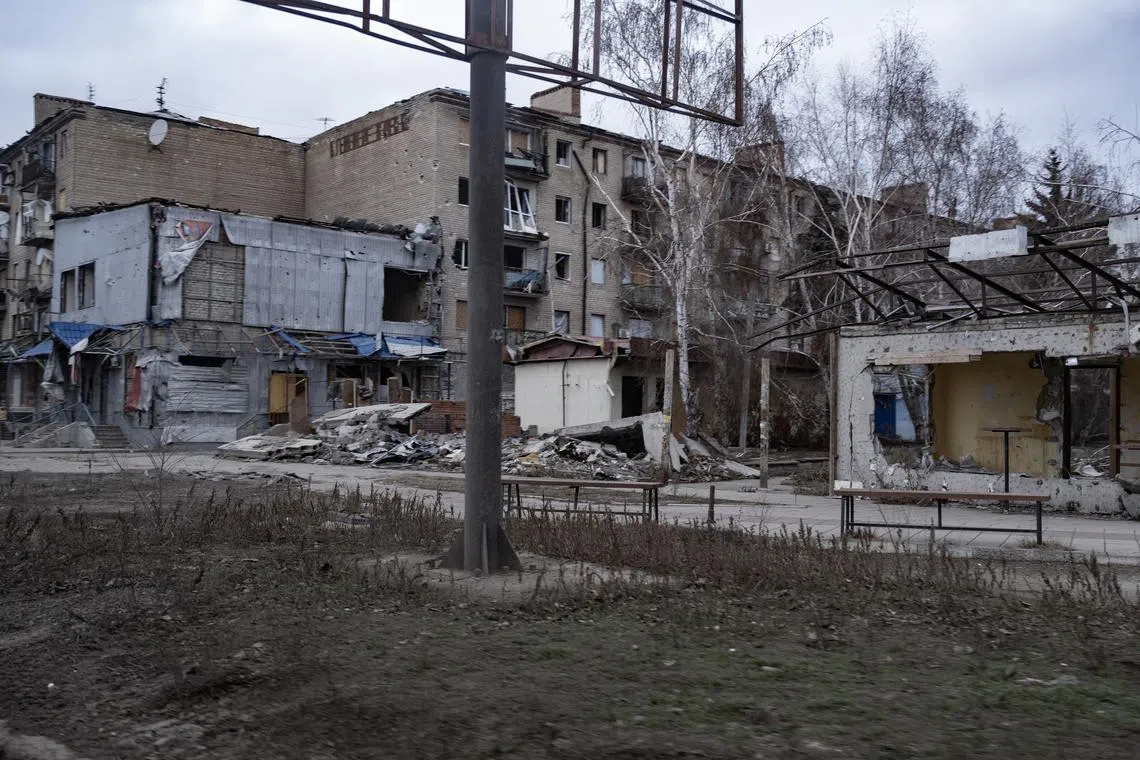 Buildings damaged by Russian shelling in the city of Kostyantynivka, Donetsk region, eastern Ukraine, on Feb 7.