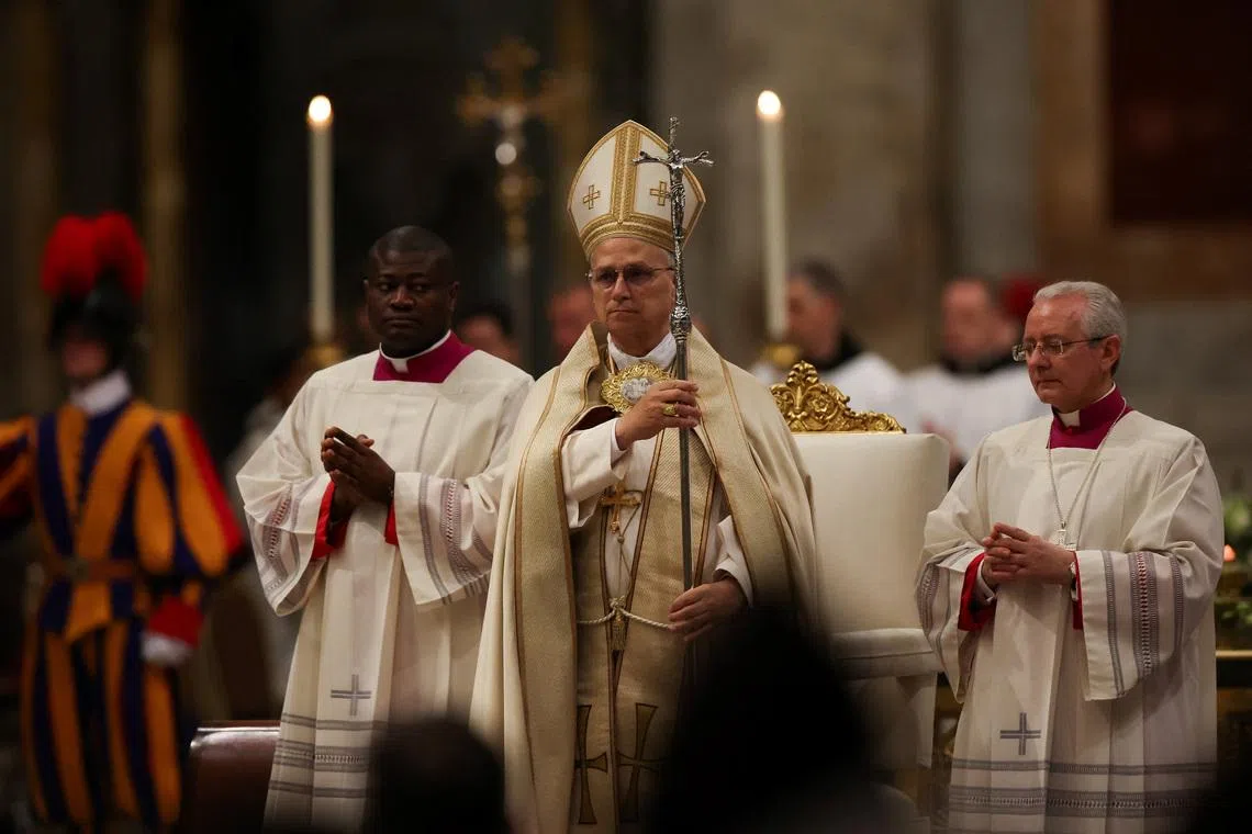 Pope Leo XIV leads the ecumenical Vespers at the Basilica of Saint Paul Outside The Walls in Rome, Italy, January 25, 2026. REUTERS/Ciro De Luca