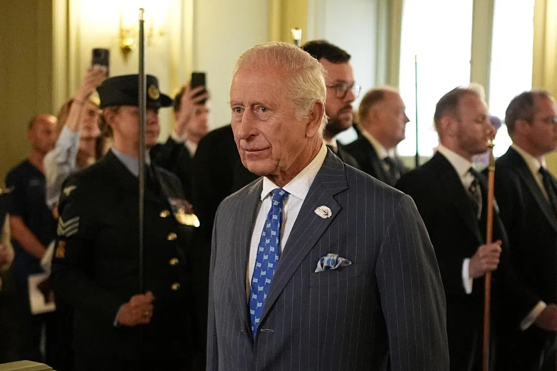 FILE PHOTO: Britain's King Charles arrives for a service celebrating 400 years of The Queen's Chapel, central London, Britain, June 4, 2025.  Aaron Chown/Pool via REUTERS/ File Photo