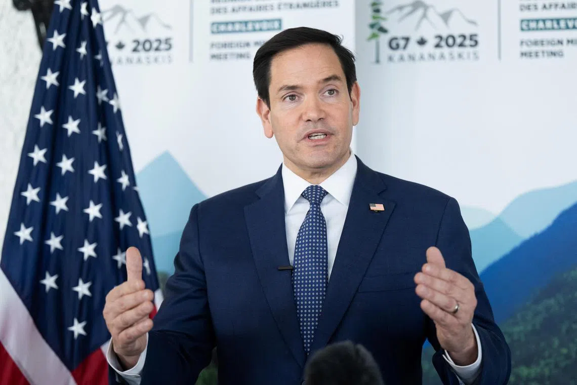 US Secretary of State Marco Rubio speaking to reporters following a G-7 foreign ministers meeting in Canada on March 14.
