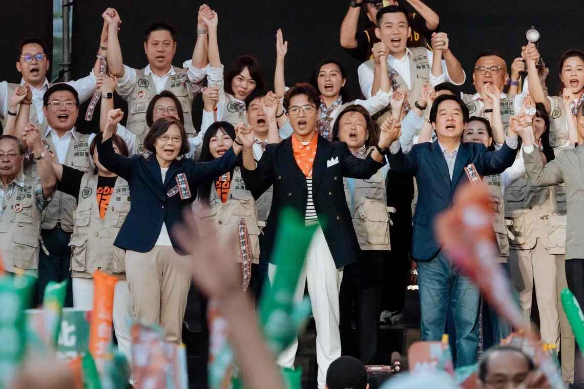 (From left) Former Taiwan president Tsai Ing-wen, Democratic Progressive Party Taipei mayoral candidate Puma Shen and Taiwan President Lai Ching-te at the opening of Shen’s campaign headquarters in Taipei on Oct 4.