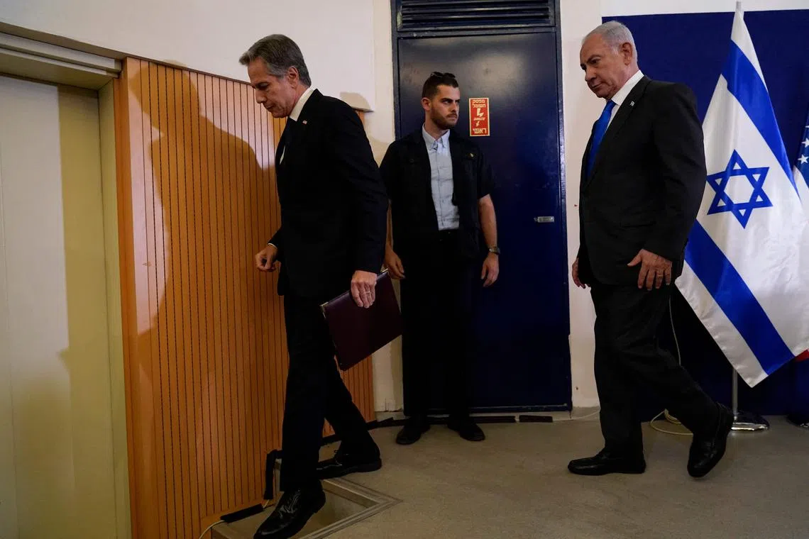 US Secretary of State Antony Blinken (left) and Israeli Prime Minister Benjamin Netanyahu sheltered in a bunker for five minutes, amid a Tel Aviv air raid.