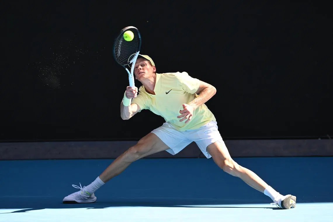 Italy's Jannik Sinner in action during a charity match against Alexei Popyrin of Australia, in Melbourne, Australia, on Jan 7.