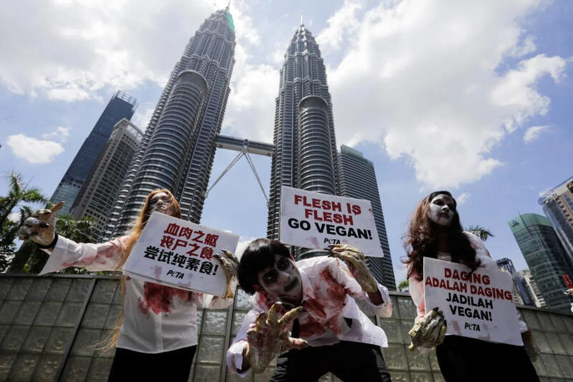 Activists from People for the Ethical Treatment of Animals (PETA) dressed as zombies pose for photographers, during a photo stunt to protest against meat eating, in Kuala Lumpur on Malaysia March 29, 2023. 