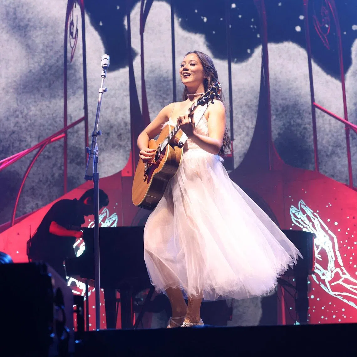 Icelandic singer Laufey performs at the 2026 Coachella Valley Music and Arts Festival in Indio, California on April 12, 2026. 