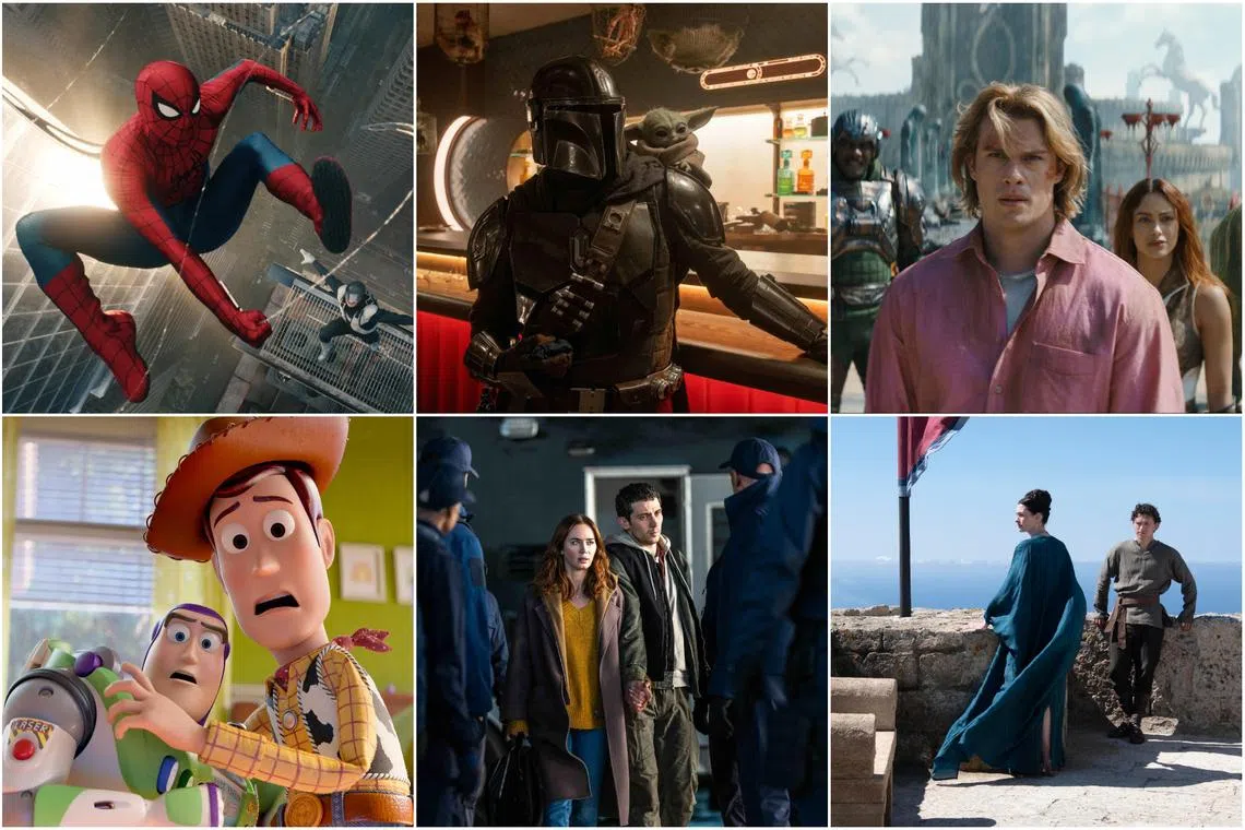 (Clockwise from left) Movie stills from Spider-Man: Brand New Day, The Mandalorian And Grogu, Masters Of The Universe, The Odyssey, Disclosure Day, and Toy Story 5.