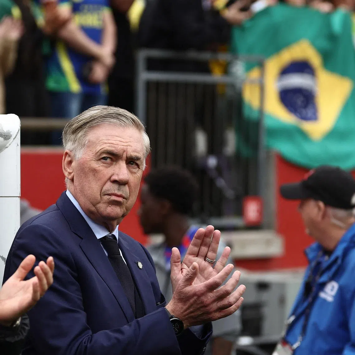 Mar 26, 2026; Foxborough, Massachusetts, USA; Brazli head coach Carlo Ancelotti applauds before their friendly against France at Gillette Stadium. Mandatory Credit: Winslow Townson-Imagn Images
