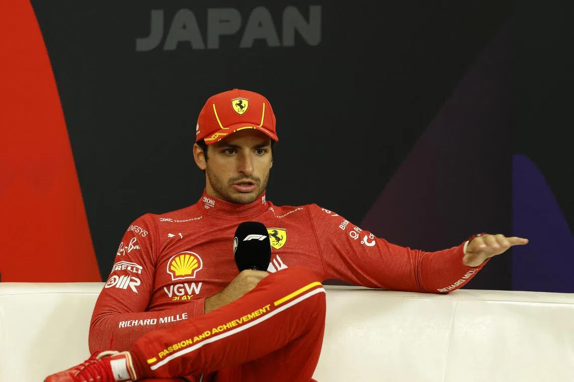 FILE PHOTO: Formula One F1 - Japanese Grand Prix - Suzuka Circuit, Suzuka, Japan - April 7, 2024 Ferrari's Carlos Sainz Jr. during the press conference after finishing third in the Japanese Grand Prix REUTERS/Androniki Christodoulou/File Photo