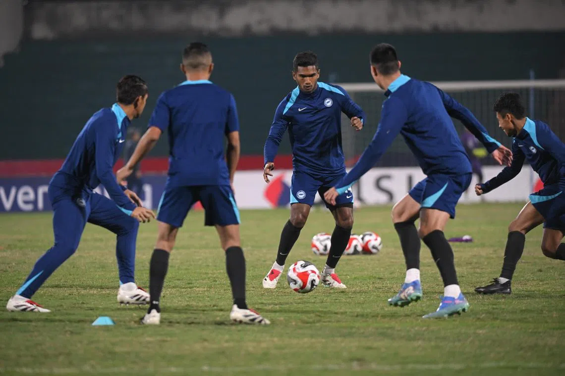 Lions captain Hariss Harun (centre) and his teammates in training at the Viet Tri Stadium in Phu Tho, Vietnam, on Dec 28, 2024.