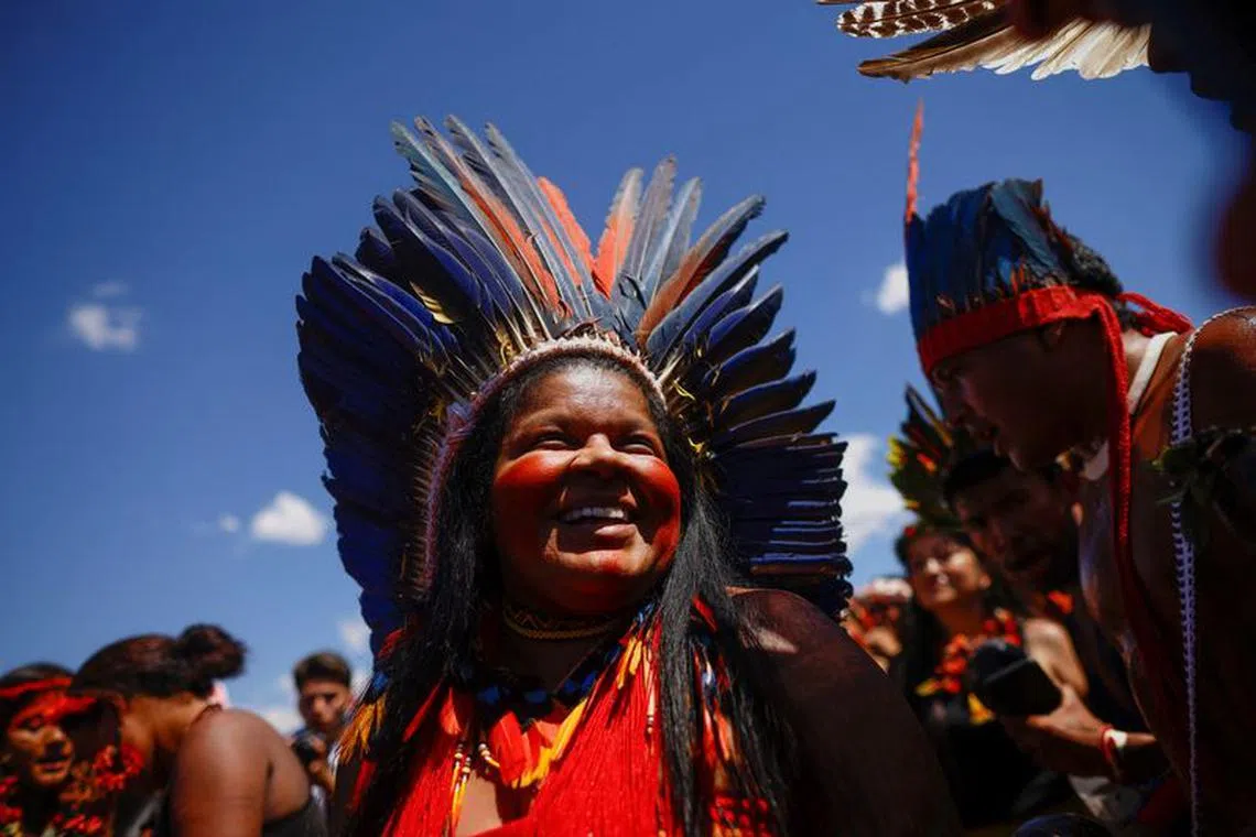 Minister of Indigenous Peoples Sonia Guajajara attends a ritual dance during the third March of Indigenous Women, in defence of women's rights, local indigenous people and the environment in Brasilia, Brazil September 13, 2023. REUTERS/Adriano Machado