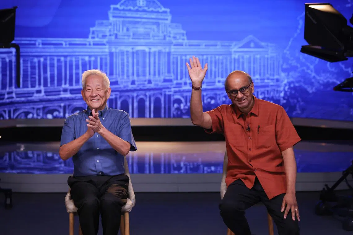 Presidential candidates Ng Kok Song (left) and Tharman Shanmugaratnam answering questions at an Ask The Next President Anything session. Mr Tan Kin Lian declined the invitation to come on the show.