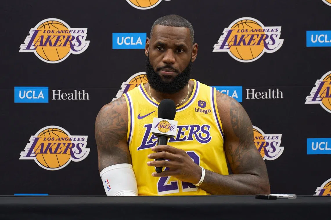 Los Angeles Lakers' Lebron James speaks during the team's media day.