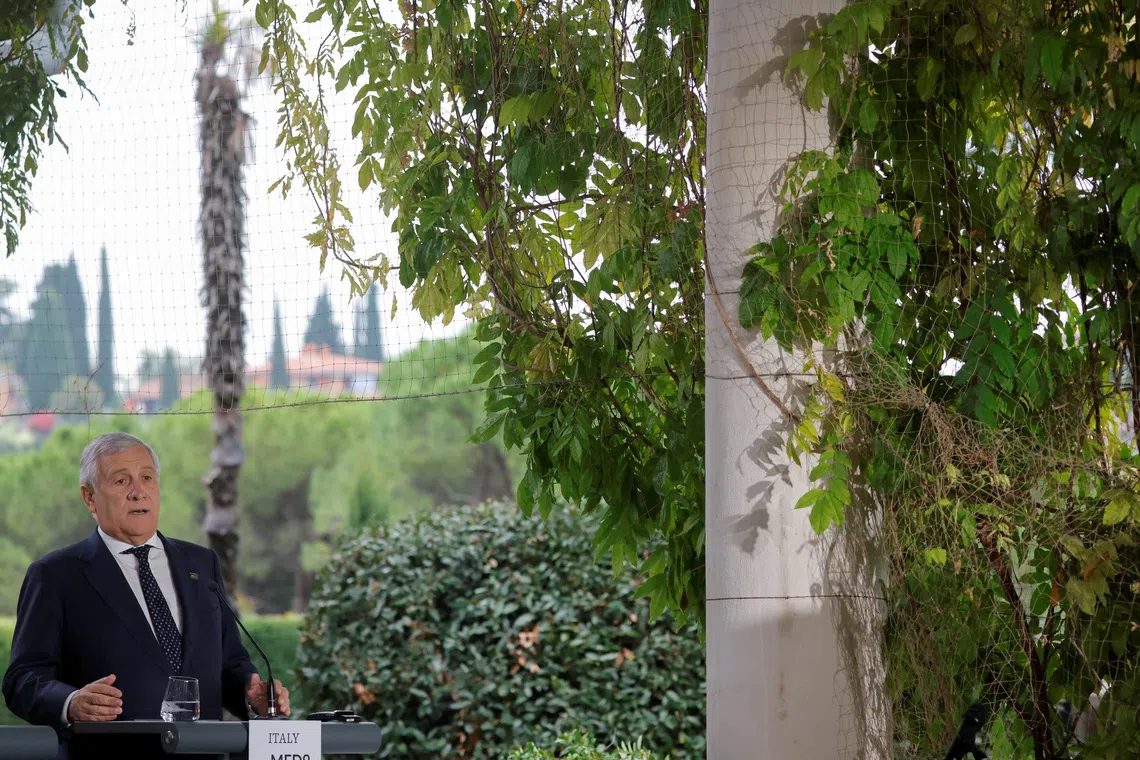 Italian Foreign Minister Antonio Tajani speaks during a joint press conference at the MED9 Leaders' Summit in Portoroz, Slovenia, October 20, 2025. REUTERS/Borut Zivulovic