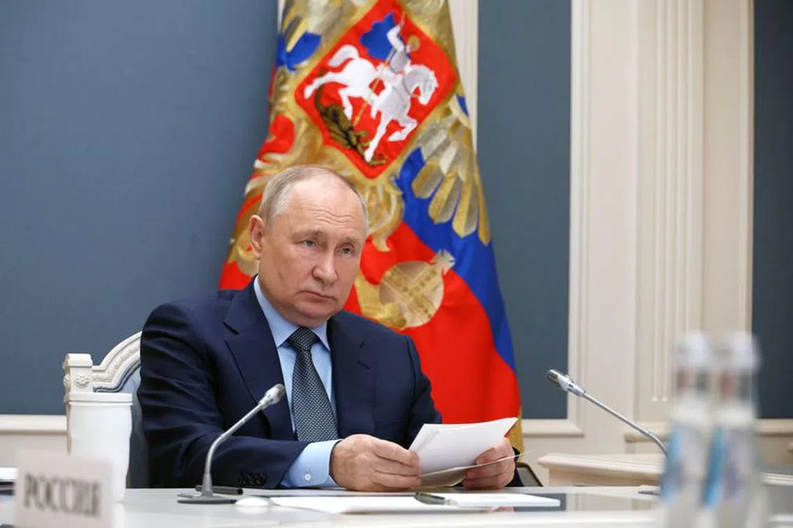 Russian President Vladimir Putin attends the G20 virtual summit via a video link in Moscow, Russia, November 22, 2023. Sputnik/Mikhail Klimentyev/Kremlin via REUTERS