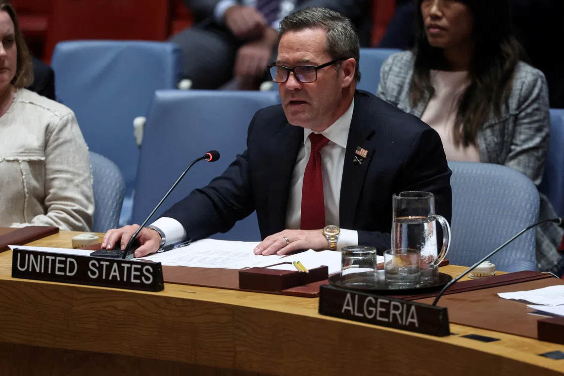 FILE PHOTO: United States Ambassador to the United Nations Mike Waltz speaks during a meeting at U.N. headquarters in New York City, U.S., September 23, 2025. REUTERS/Shannon Stapleton/File Photo