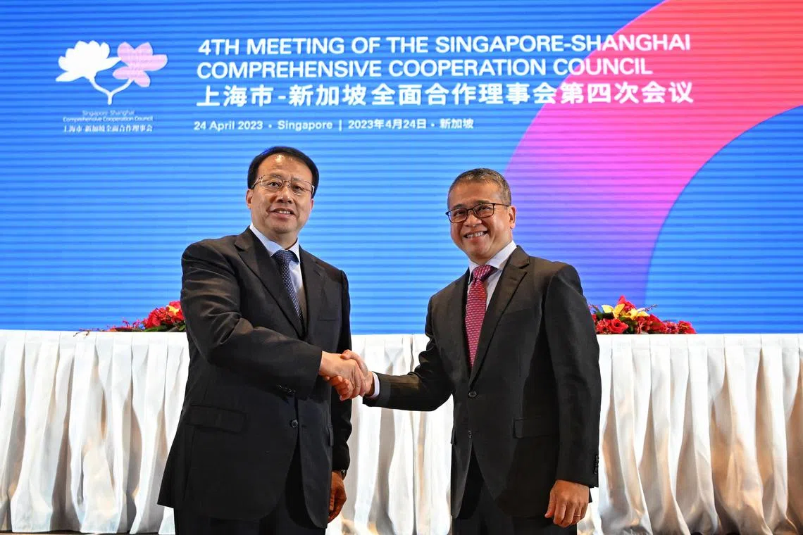 From left: Mayor Gong Zheng , SSCCC Shanghai Co-Chairman, shake hands with Edwin Tong, Minister for Culture, Community and Youth and Second Minister for Law, SSCCC Singapore Co-Chairman, at the 4th Meeting of the Singapore-Shanghai Comprehensive Cooperation Council on April 24, 2023 


*******


Singapore-Shanghai Comprehensive Cooperation Council's 4th meeting
Minister Edwin Tong, who is taking over from DPM Lawrence Wong as co-chair of the council, will give a speech (copy to be sent either Sunday or Monday morning) about Singapore's ties with Shanghai etc.
We will profile some Singapore companies, both that are already on the ground in Shanghai, and those that are making their first forays there. These companies will be there to sign agreements and MOUs with their China counterparts.