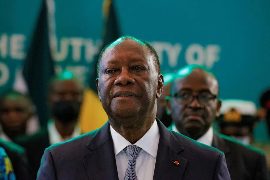 FILE PHOTO: Ivory Coast's President Alassane Ouattara attends the ECOWAS summit to discuss transitional roadmap for Mali, Burkina Faso and Guinea, in Accra, Ghana, July 3, 2022. REUTERS/Francis Kokoroko/File Photo