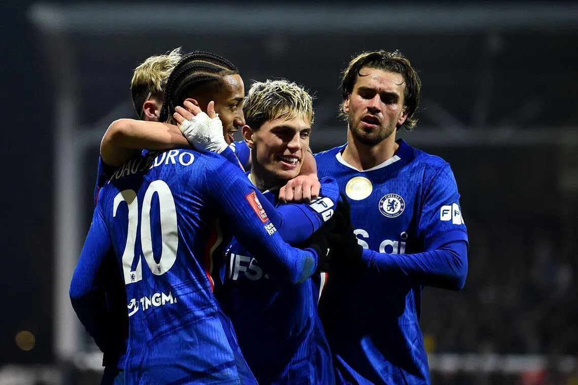 Chelsea's Joao Pedro celebrates scoring his team's fourth goal against Wrexham, in the English FA Cup fifth round on March 7.