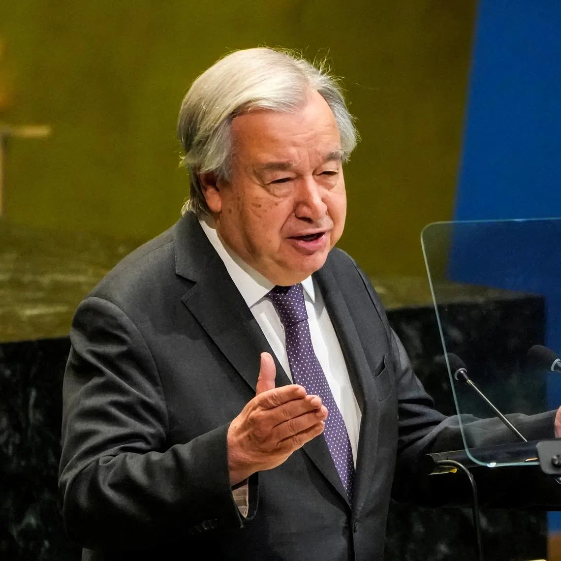 United Nations Secretary-General Antonio Guterres speaks to delegates during a meeting on Nuclear Non-Proliferation Treaty at U.N. headquarters in New York City.