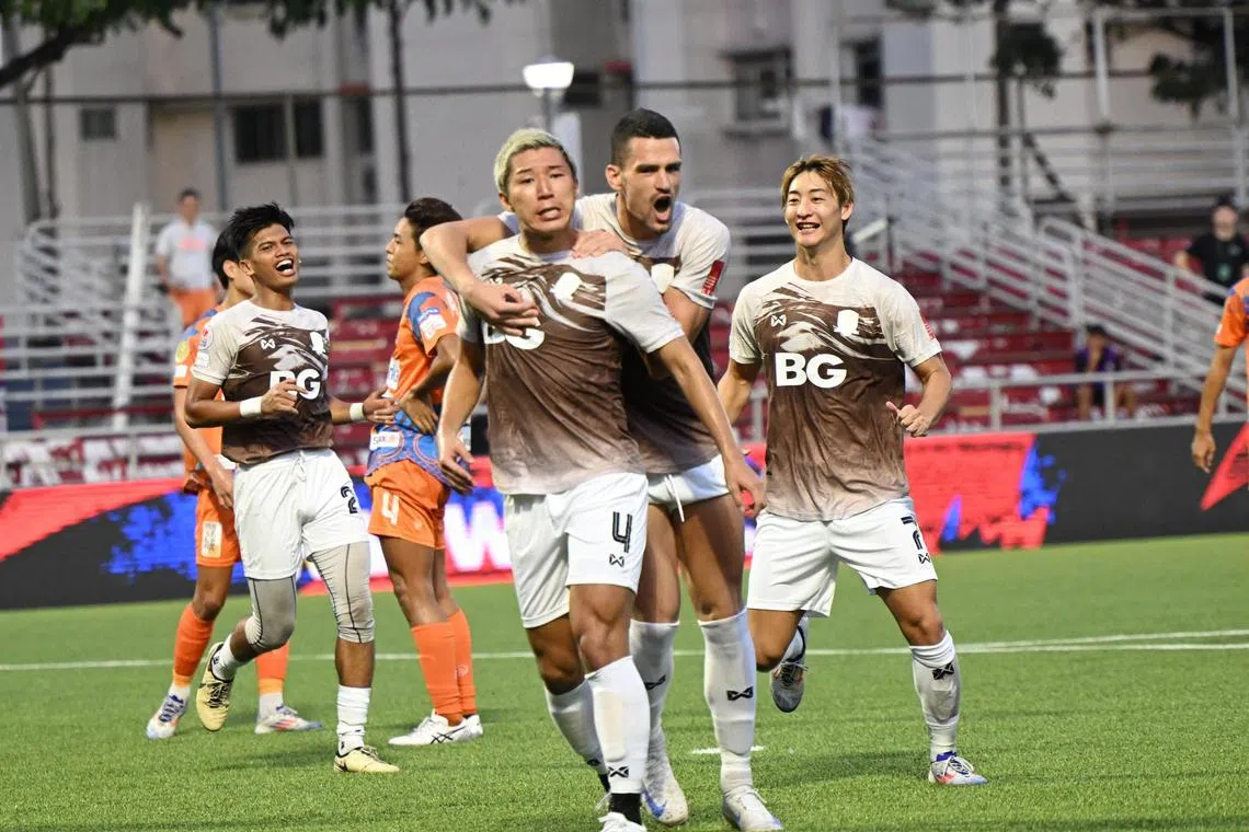 Tampines Rovers players celebrating as they beat defending champions Albirex Niigata 4-2 in the Singapore Premier League at Jurong East Stadium on July 27.