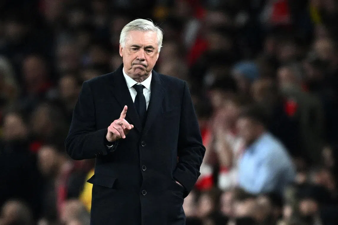 FILE PHOTO: Soccer Football - Champions League - Quarter Final - First Leg - Arsenal v Real Madrid - Emirates Stadium, London, Britain - April 8, 2025 Real Madrid coach Carlo Ancelotti REUTERS/Dylan Martinez/File Photo