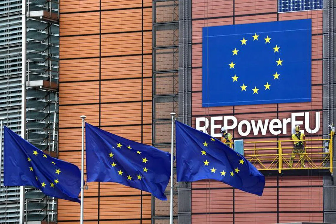 FILE PHOTO: European flags fly outside the European Commission headquarters in Brussels, Belgium September 20, 2023. REUTERS/Yves Herman/File Photo