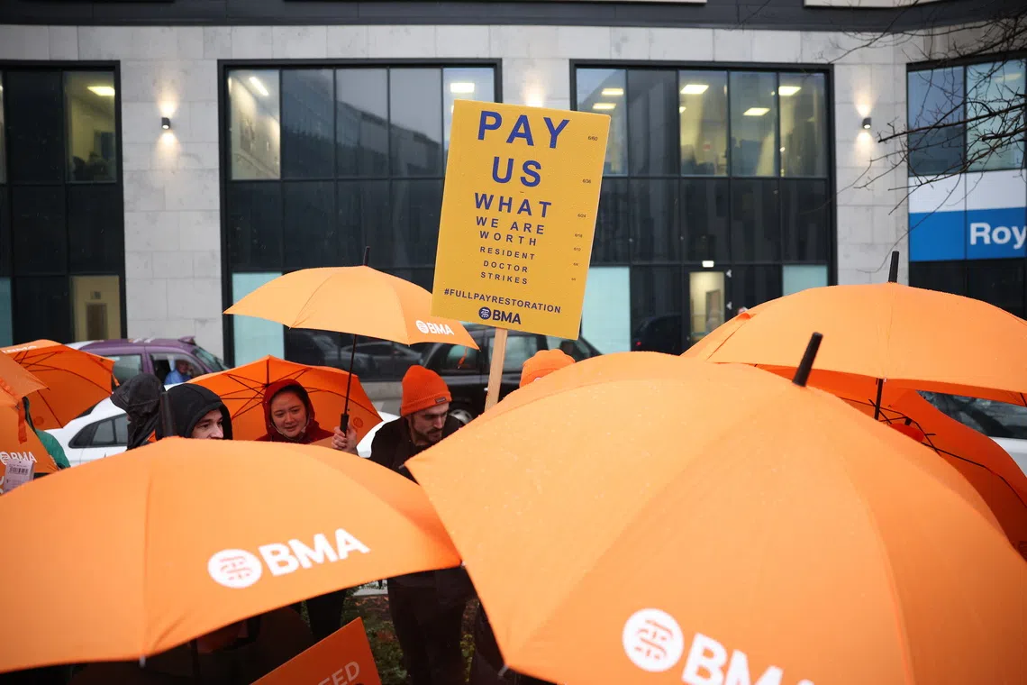 Resident doctors picketing outside the Royal Liverpool University Hospital on Nov 14 as part of Britain's 13th walkout by medics since March 2023.