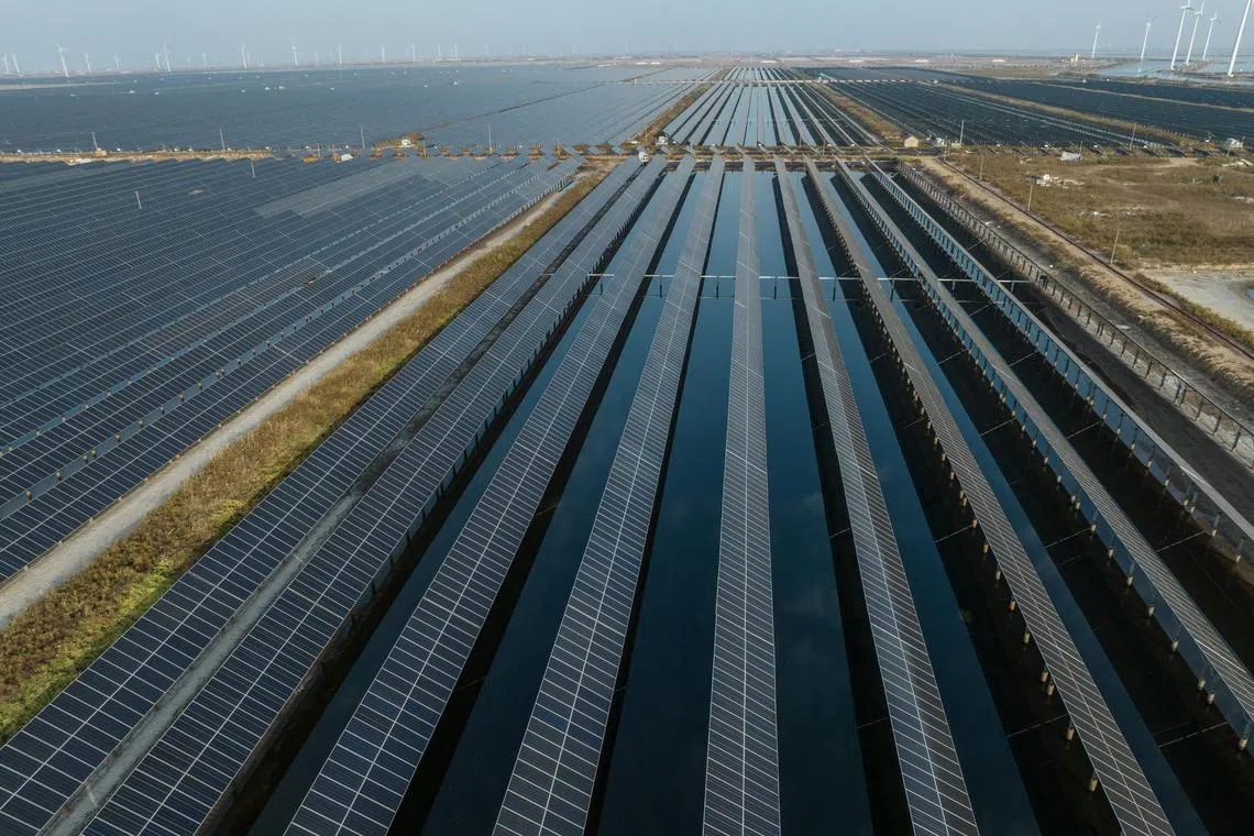 FILE — A solar and wind farm in Weifang, China, a country that controls over 80 percent of worldwide production of every step of solar panel manufacturing, Oct. 23, 2024. The U.S. and Europe are trying to catch up to China’s  lead in industrial policy, a rival skilled in using all the levers of government and banking to dominate global manufacturing. (Gilles Sabrié/The New York Times)