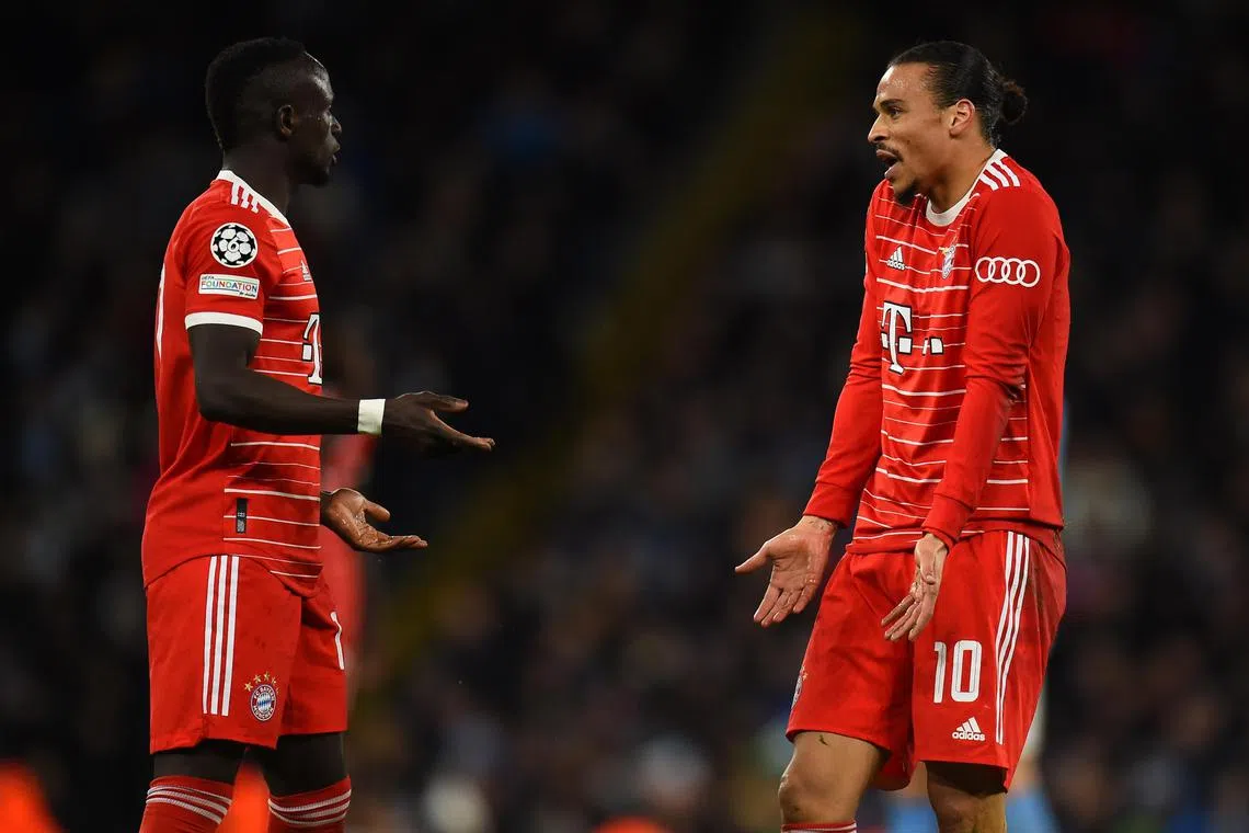 Leroy Sane and Sadio Mane of Bayern Munich reacting during the 3-0 Champions League quarter-final, first leg defeat by Manchester City on Tuesday. Bayern have suspended Mane for one game following an altercation with Sane after the match.