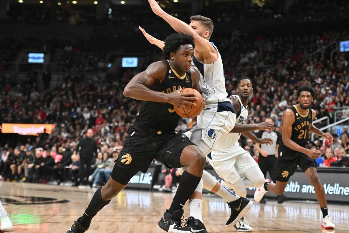 Toronto Raptors forward O. G. Anunoby driving to the net against Dallas Mavericks forward Maxi Kleber in the second half at Scotiabank Arena on Saturday. The Raptors won 105-100.