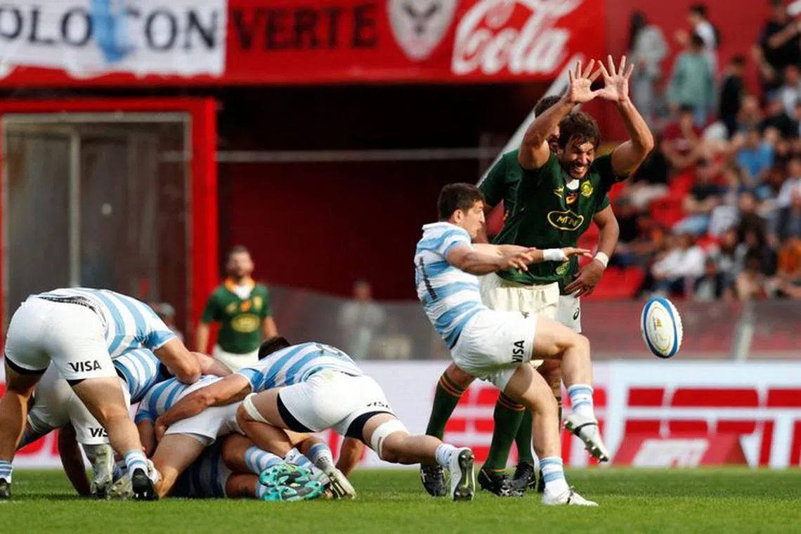 FILE PHOTO: Rugby Union - Rugby Championship - Argentina v South Africa - Estadio Libertadores de America, Buenos Aires, Argentina - September 17, 2022 Argentina's Tomas Cubelli in action with South Africa's Eben Etzebeth REUTERS/Agustin Marcarian/File Photo