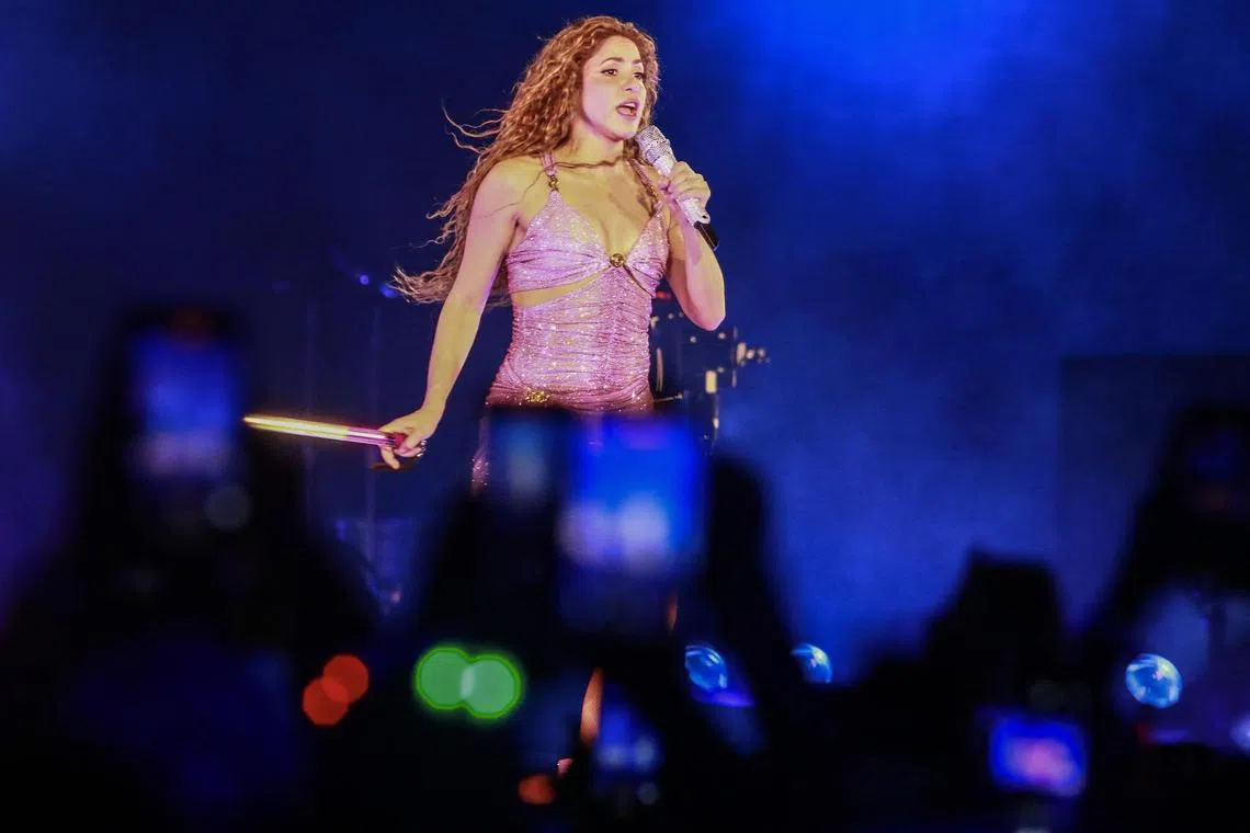 Colombian singer Shakira performs during the worldwide launch of her Las Mujeres ya no Lloran tour at Metropolitano Stadium in Barranquilla, Colombia on Feb 20, 2025. 