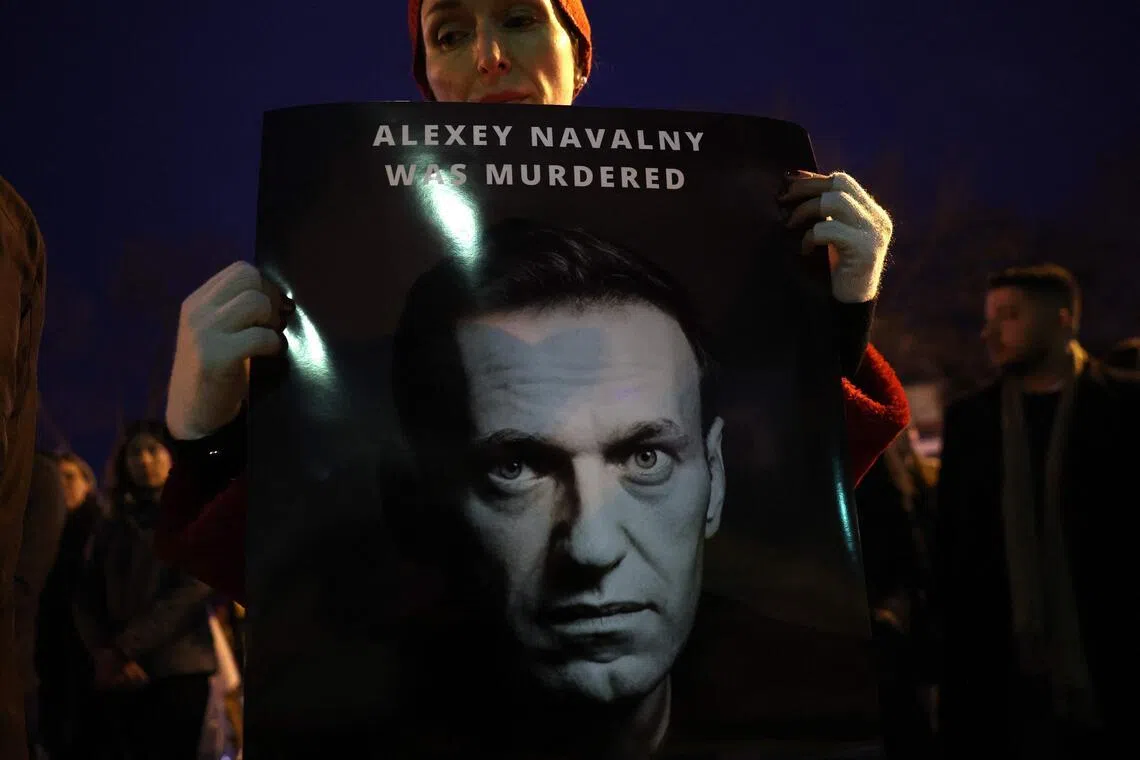 Protesters and mourners rallied at the Russian Embassy following the death of Alexei Navalny on Feb 16, 2024, in Washington, DC.