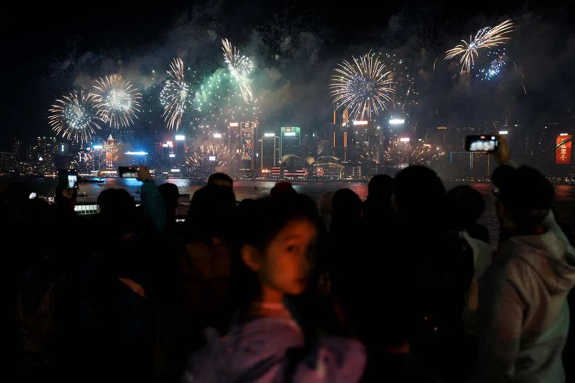 Fireworks exploding over the Victoria Harbour on the second day of the Lunar New Year of the Dragon, in Hong Kong, China, Feb 11, 2024.