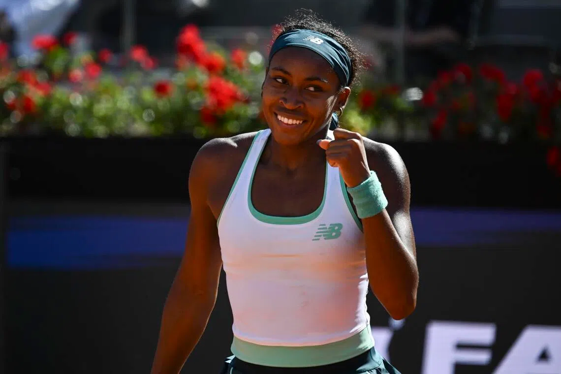 Coco Gauff, of the US, celebrates her May 14 win against Romania's Sorana Cirstea.
