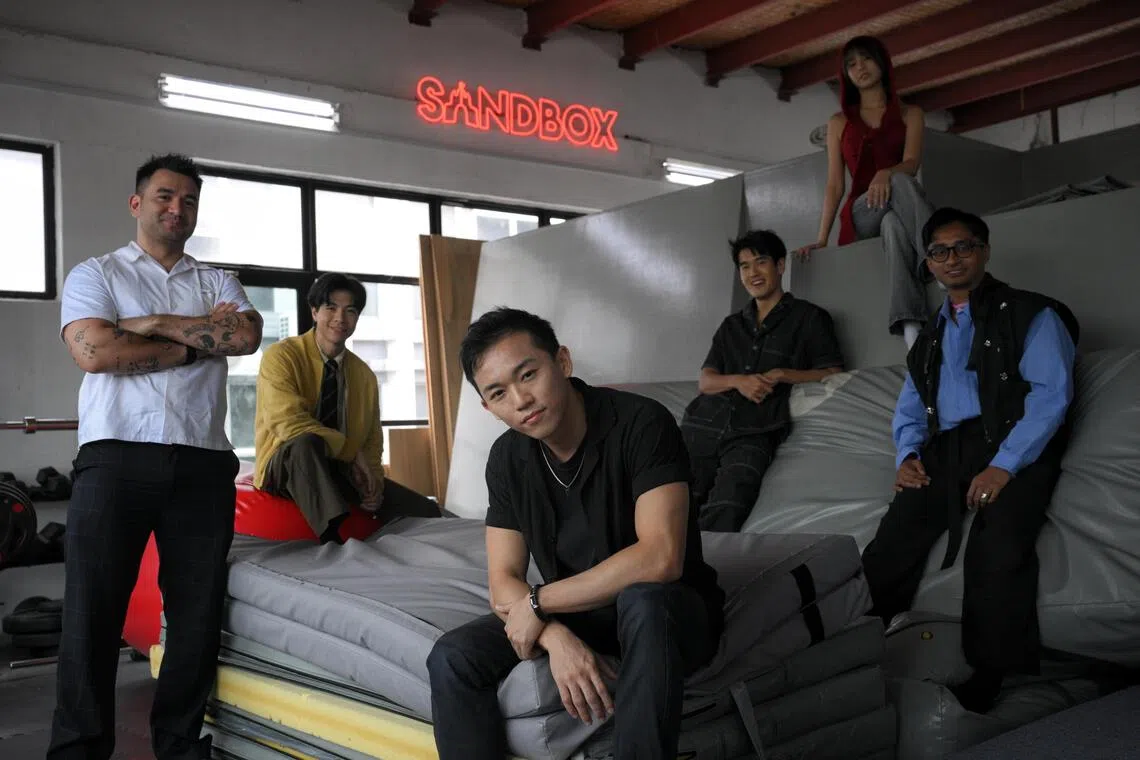 (From left) The Sandbox’s writer-director James Thoo, Benjamin Kheng, Peps Goh, Nathan Hartono, Estelle Fly and Fauzi Azzhar at the film’s press conference held at the stunt school before its closure.