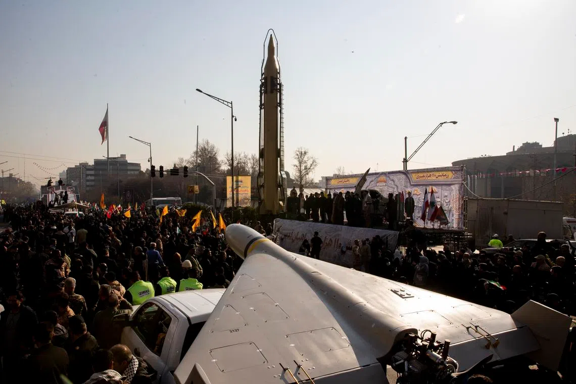 A Shahed drone being paraded in Tehran in 2025. By last year, around 90 per cent of all the Iranian-designed Shahed drones used against Ukraine were made in Russia.