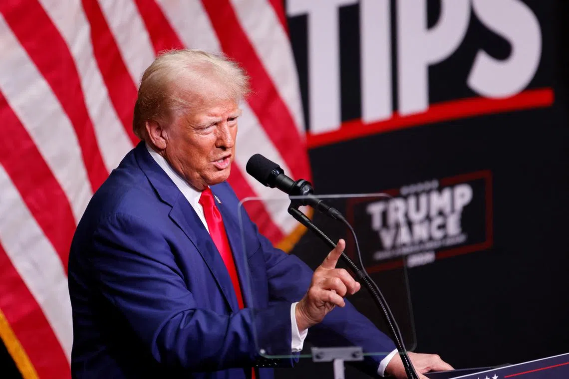 Republican presidential nominee Donald Trump speaking at a campaign event in Asheville, North Carolina, US, on Aug 14.