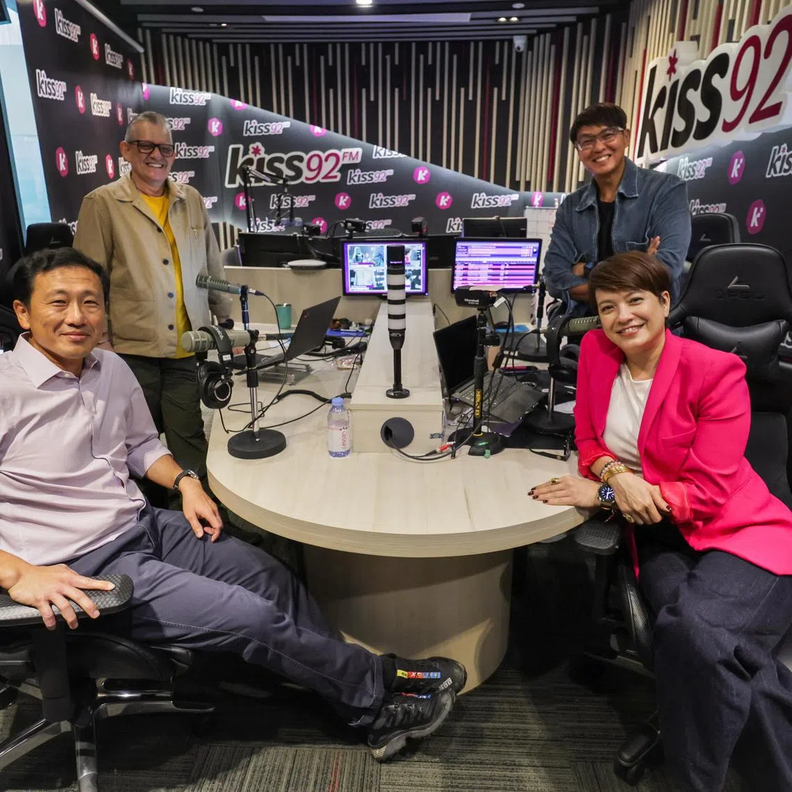 (From left): Minister for Health Ong Ye Kung, DJs The Flying Dutchman, Glenn Ong, and Angelique Teo at SPH Radio Kiss92 studio in News Centre on Oct 18, 2024. 

Minister for Health Ong Ye Kung goes on Kiss92's The Big Show to speak about the recent MediShield Life review at SPH News Centre on Oct 18, 2024.