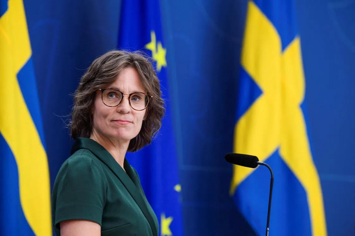 Swedish EU Minister Jessika Roswall is proposed as Sweden's nomination for new EU Commissioner, during a press coference in Stockholm, Sweden, July 8, 2024. TT News Agency/Mikaela Landestrom via REUTERS/File Photo