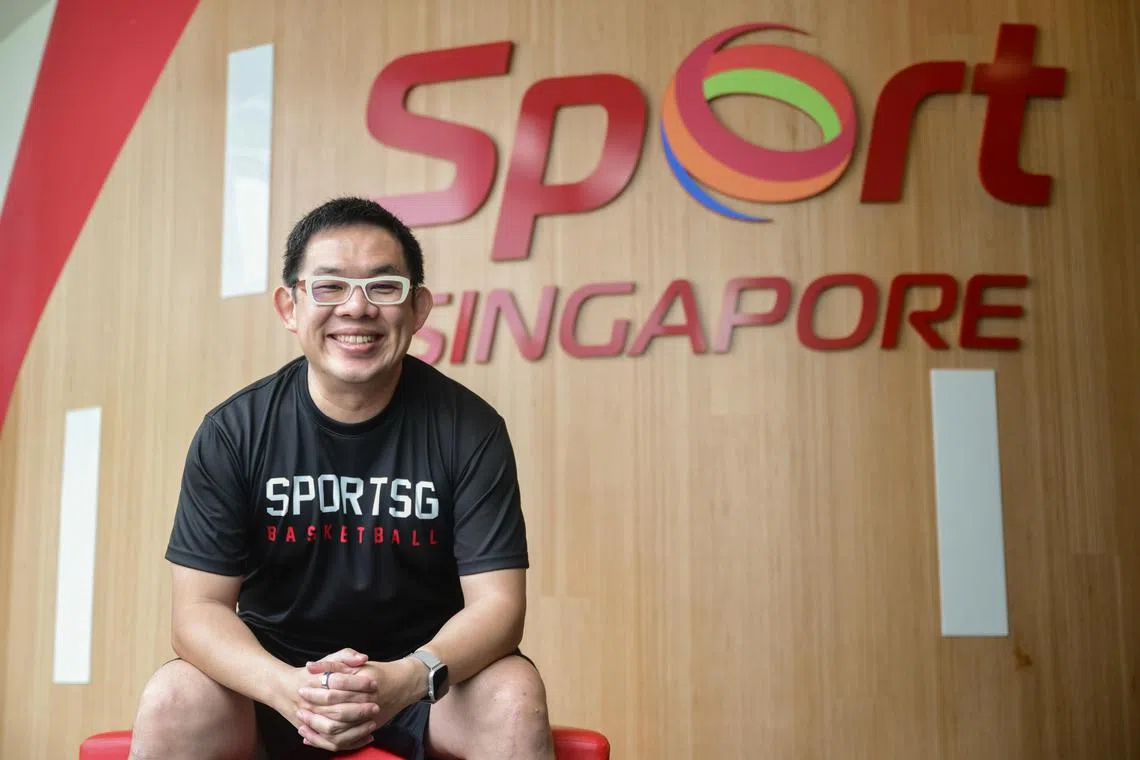 ST20250116_202592800386 dgsport16 Azmi Athni/Deepanraj Ganesan//

Chief executive of national sport agency Sport Singapore Alan Goh playing basketball with members of the media before a media interview at OCBC Areana on Jan 16, 2025.

ST PHOTO: AZMI ATHNI

