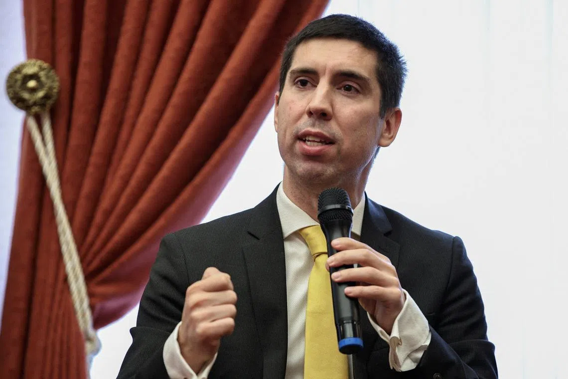Moldova's Foreign Minister Mihai Popsoi speaks during a press conference, as foreign ministers and officials of Nordic-Baltic Cooperation (NB8) visit Moldova ahead of the country's upcoming presidential election and a referendum on future European Union membership, in Chisinau, Moldova October 15, 2024. REUTERS/Vladislav Culiomza