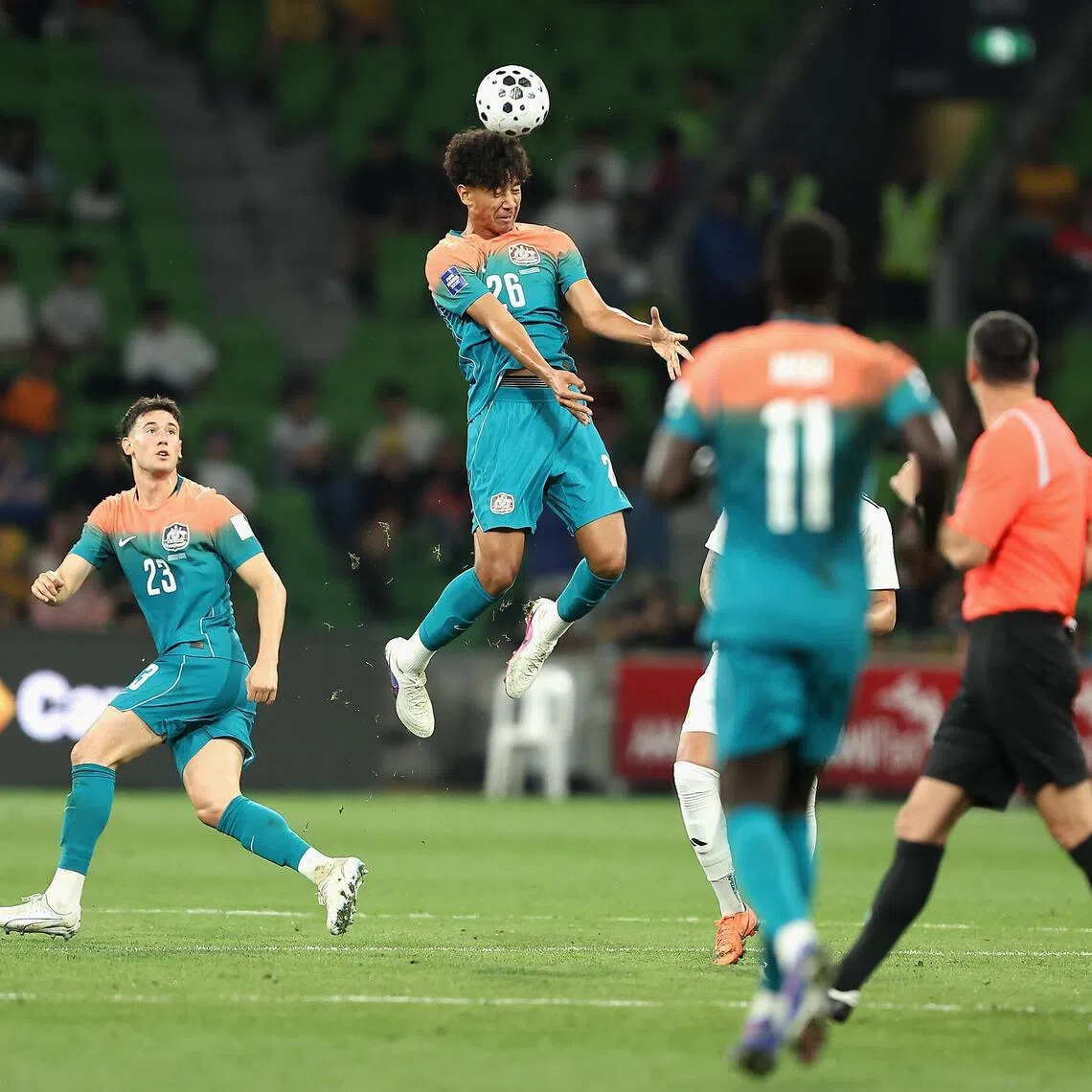 Lucas Herrington of Australia heads the ball in the FIFA Series 2026 match between the against Curacao at AAMI Park in Melbourne on March 31, 2026.