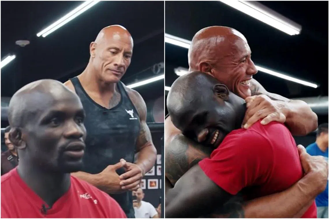 Dwayne Johnson surprised budding Zimbabwean UFC fighter Themba Gorimbo (in red) with a new house in Miami.