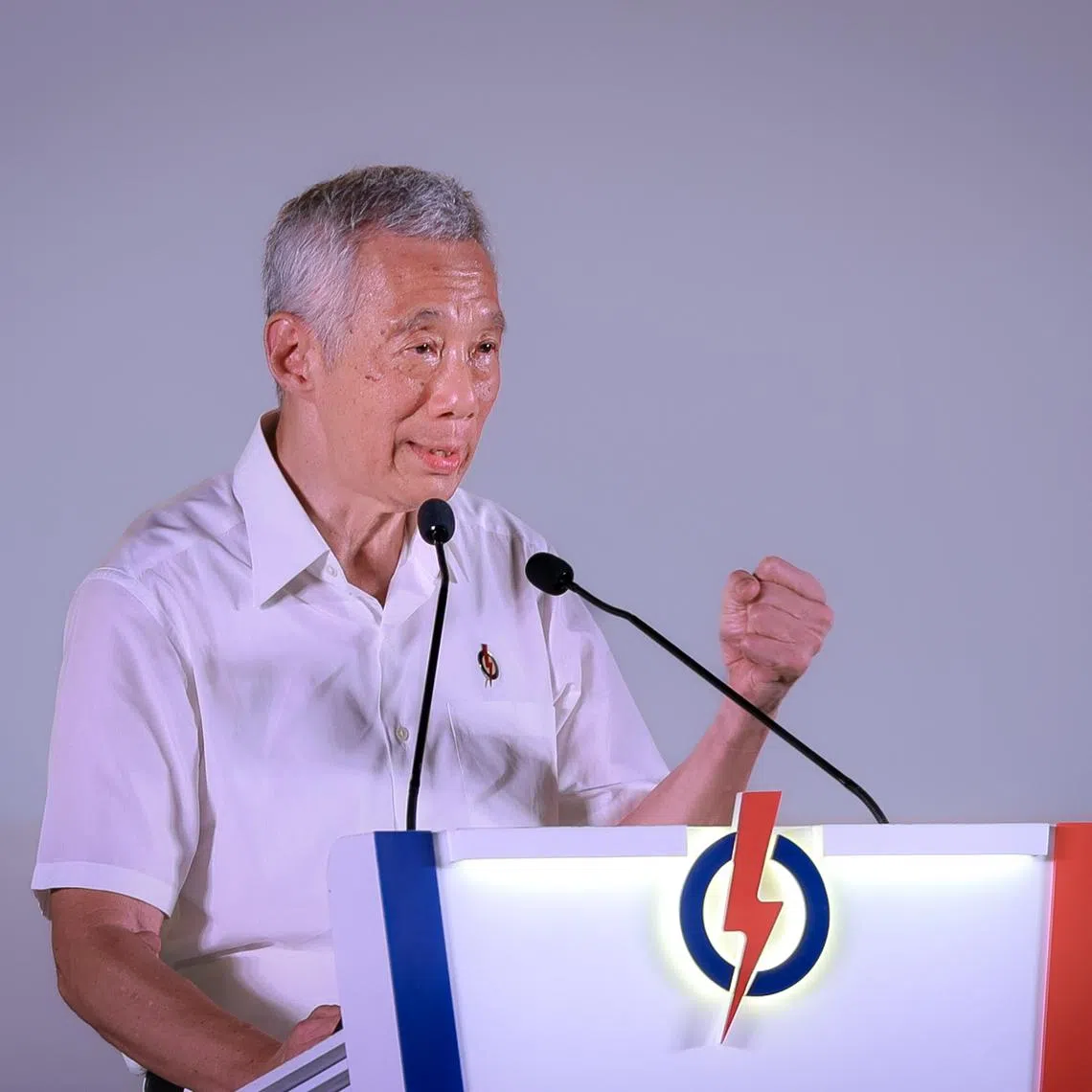 PAP Ang Mo Kio GRC candidate SM Lee Hsien Loong speaking at the PAP rally held at Fern Green Primary School on April 27.