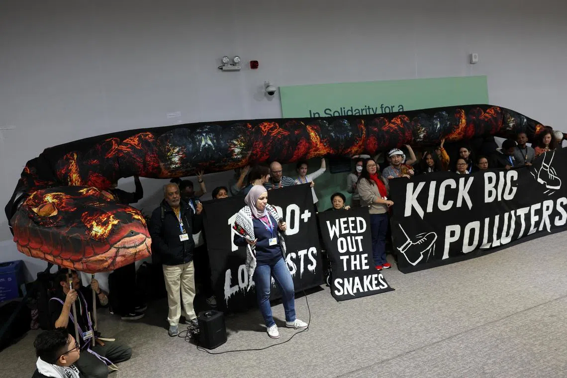 Environmental activists hold a fake snake as they protest against oil and gas lobbyists during the United Nations Climate Change Conference (COP29), in Baku, Azerbaijan November 15, 2024. 