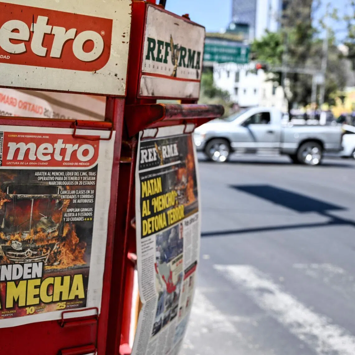 The front page of a local newspaper displays news about the death of Nemesio Oseguera, also known as "El Mencho," Mexico's most wanted drug lord.