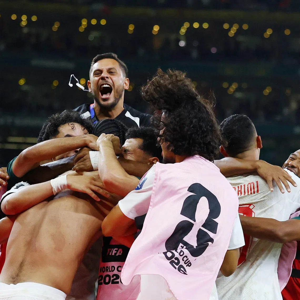 Soccer Football - FIFA World Cup 2026 - Round of 32 - Netherlands v Morocco - Estadio Monterrey, Monterrey, Mexico - June 29, 2026 Morocco's Ayoub El Kaabi and teammates celebrate after the penalty shootout as Morocco qualify for the round of 16 stage of the World Cup REUTERS/Daniel Becerril
