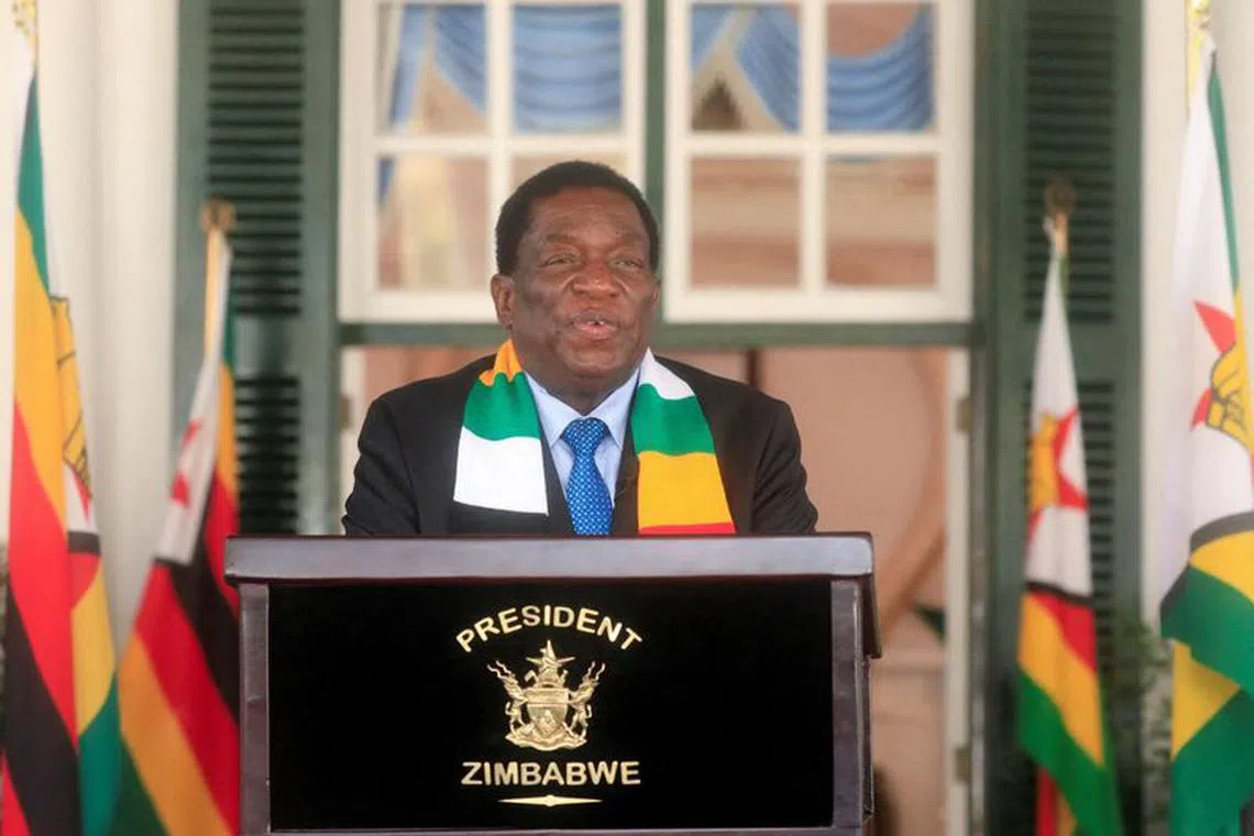 Zimbabwe's President Elect Emmerson Mnangagwa speaks to the media at State House in Harare, August 27, 2023. REUTERS/Philimon Bulawayo/File Photo